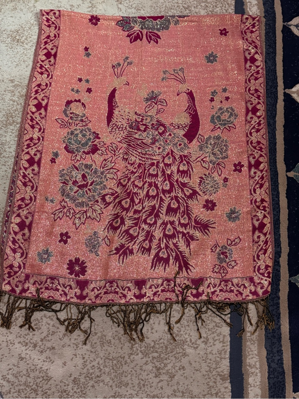 Reversible Metallic Peacock Pashmina Shawl Wrap Silk Blend Purple & Pink